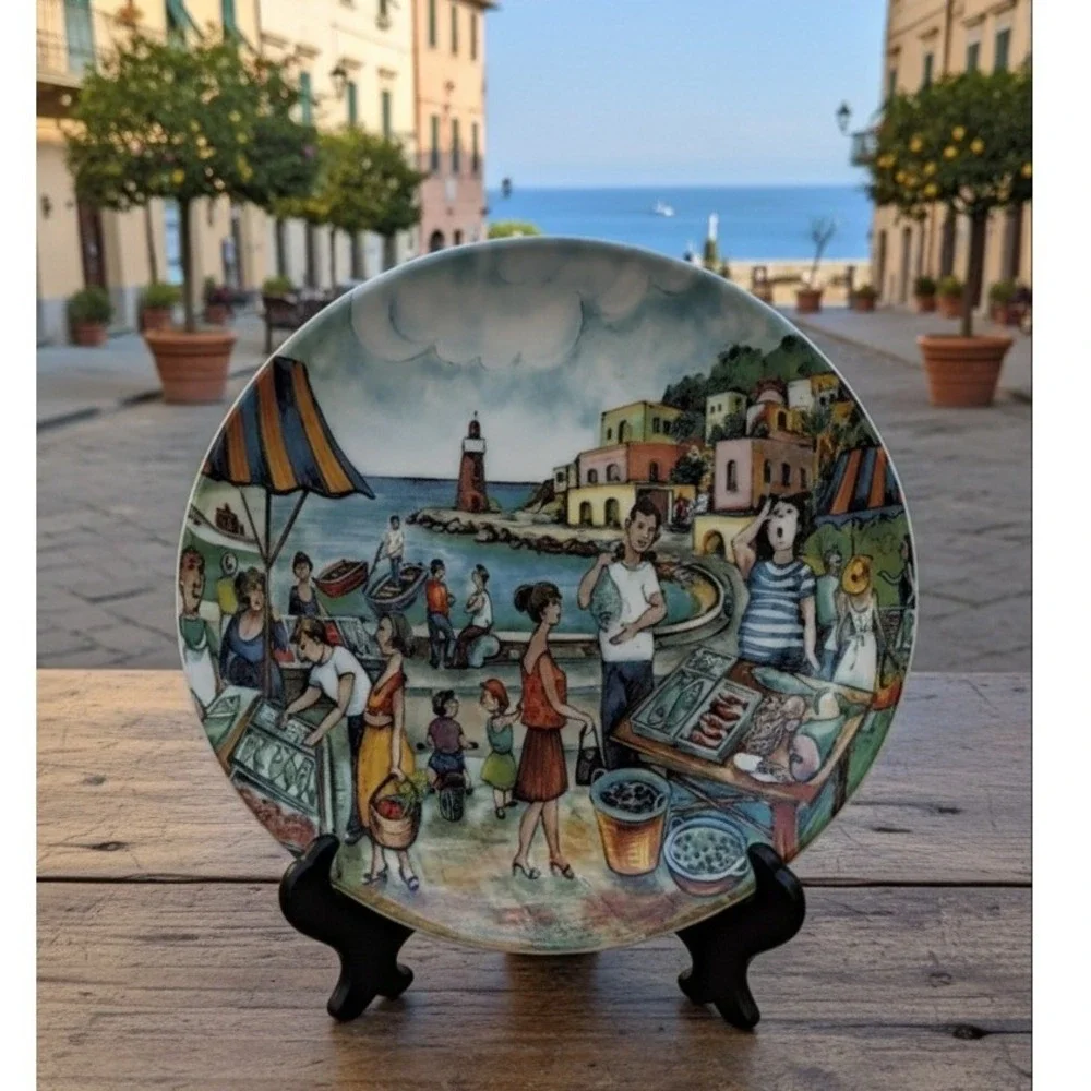 Vintage Effetti d'Arte Italy Ceramic Coastal Market Scene Plate 8